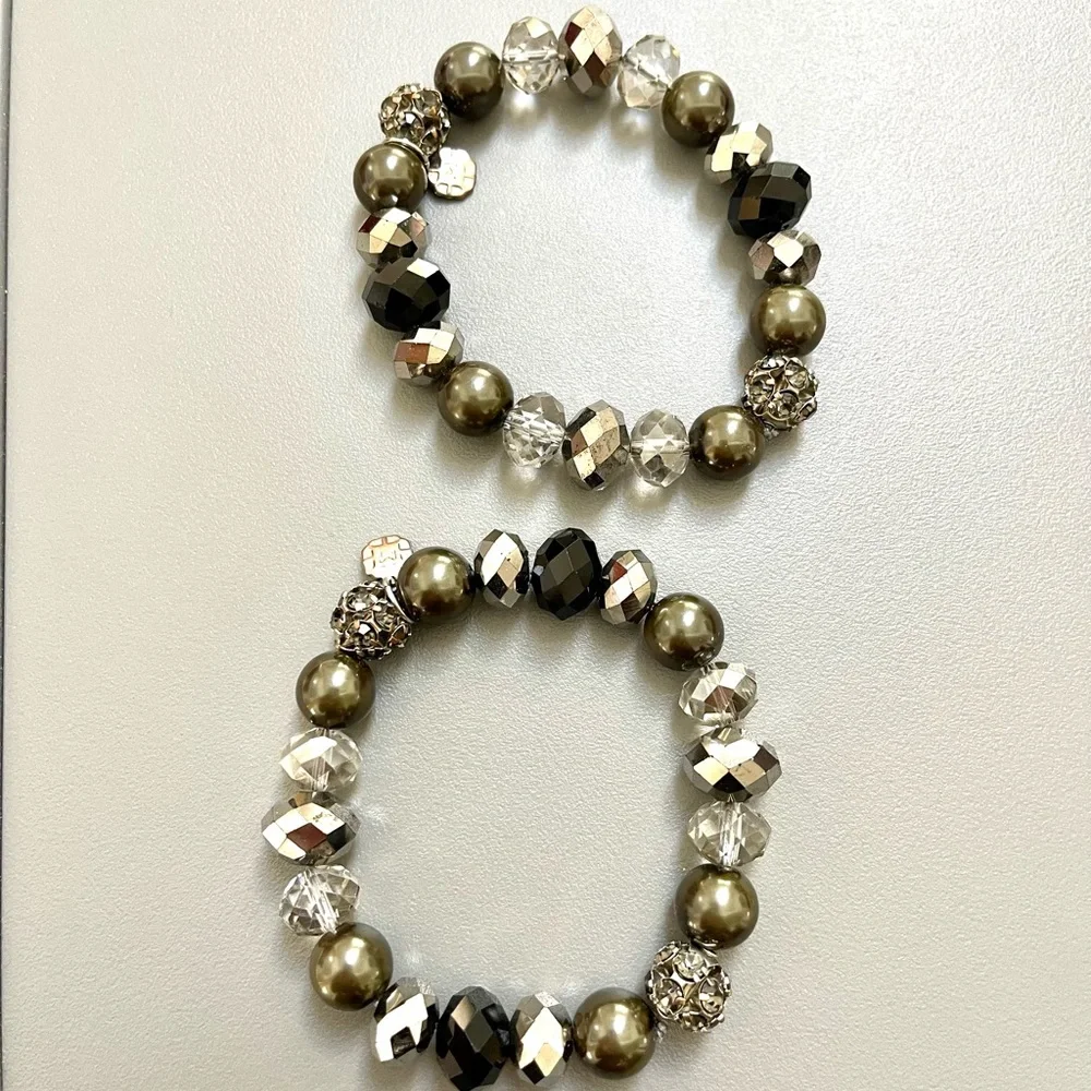 2 Beaded Stacking Bracelets with Black, Silver, Hematite, Rhinestone